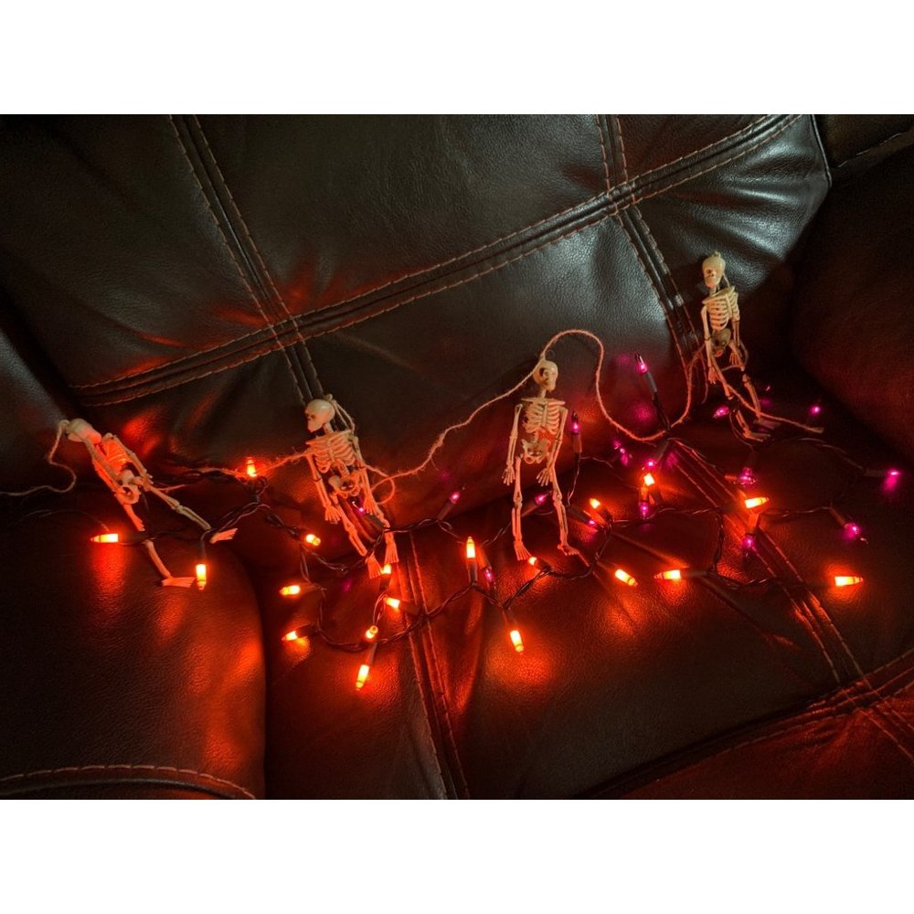 Halloween Lights in Orange/ Black (purple) 20 Bulbs each string 4 Skeletons on j